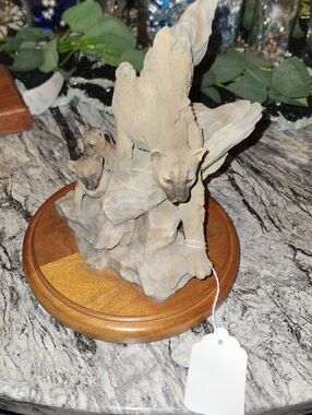 Handcrafted Mountain Lion Sculpture in Beige on Wooden Base